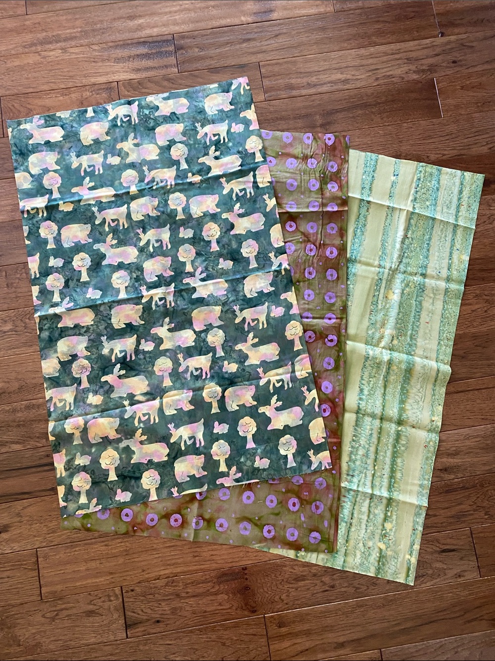 Cotton Tie-dyed Fabric Panels with Animals, foliage and circle patterns, 9 feet